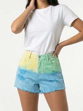 FOREVER 21 | NEW Yellow Green Blue Tie-Dye Denim Jean Shorts Women’s Size 28 (6)